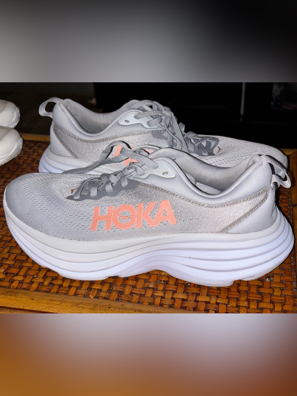 Hoka Women's Light Gray & Coral Logo Athletic Running Shoes